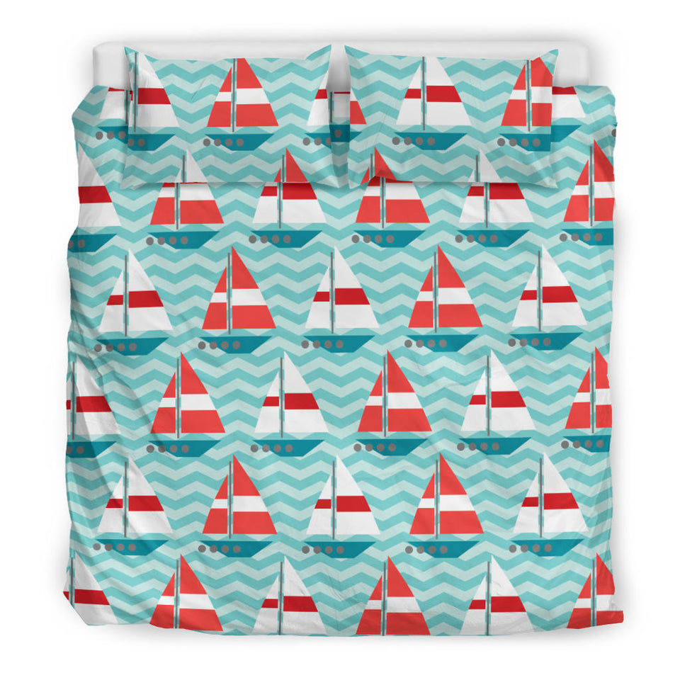 Red White Sailboat Wave Background Bedding Set