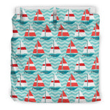 Red White Sailboat Wave Background Bedding Set