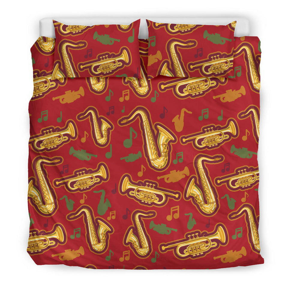 Saxophone Cornet Pattern Red Background Bedding Set