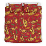 Saxophone Cornet Pattern Red Background Bedding Set