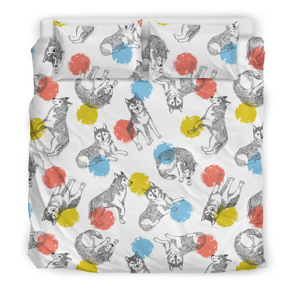 Siberian Husky And Colorful Circle Pattern Bedding Set