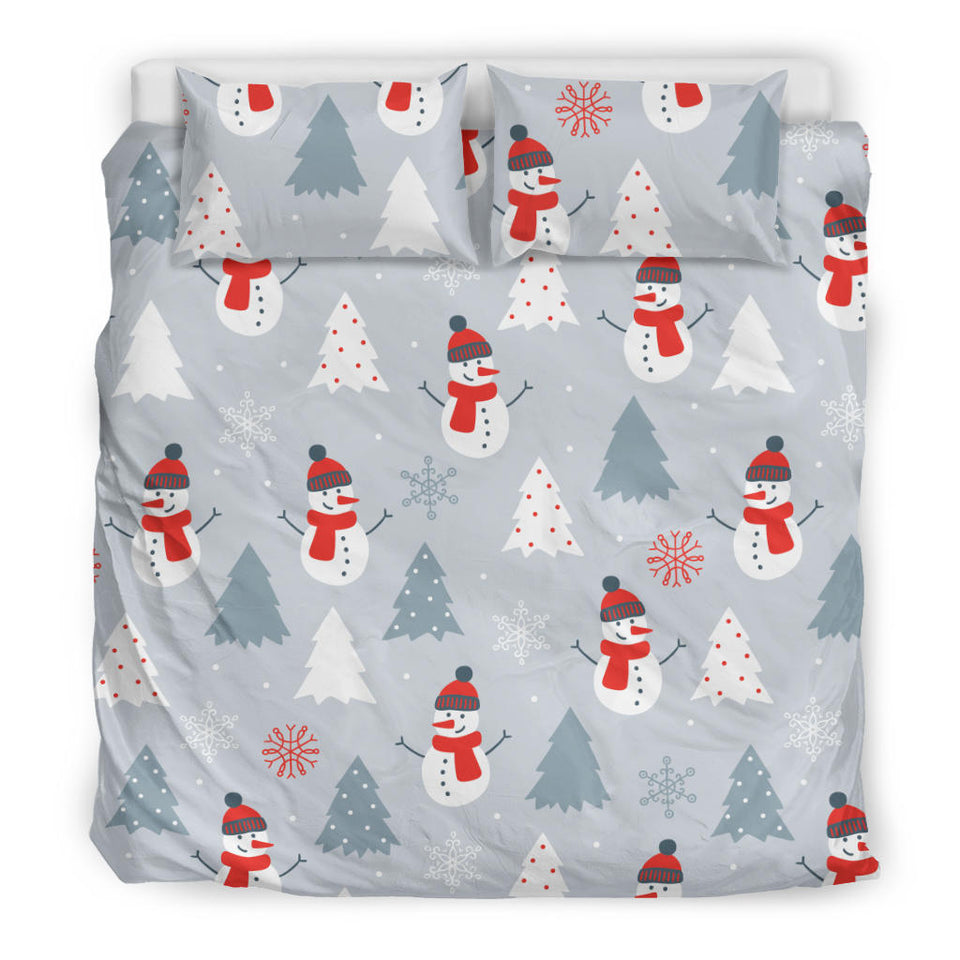 Snowman Christmas  Tree Snow Gray Background Bedding Set