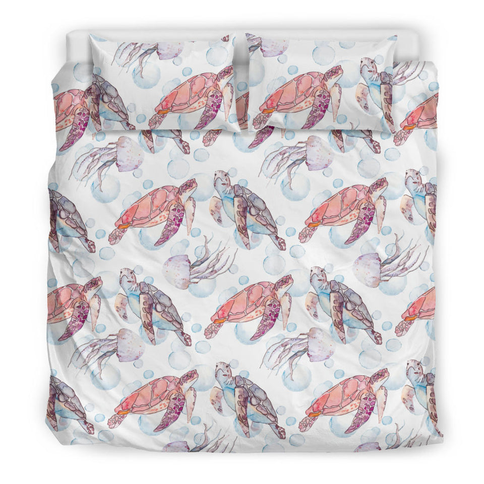 Watercolor Sea Turtle Jellyfish Pattern Bedding Set