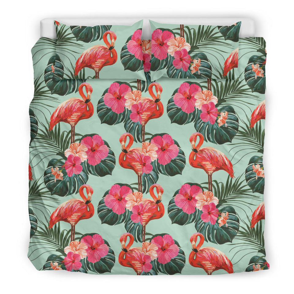 Beautiful Flamingo Tropical Palm Leaves Hibiscus Pateern Background Bedding Set