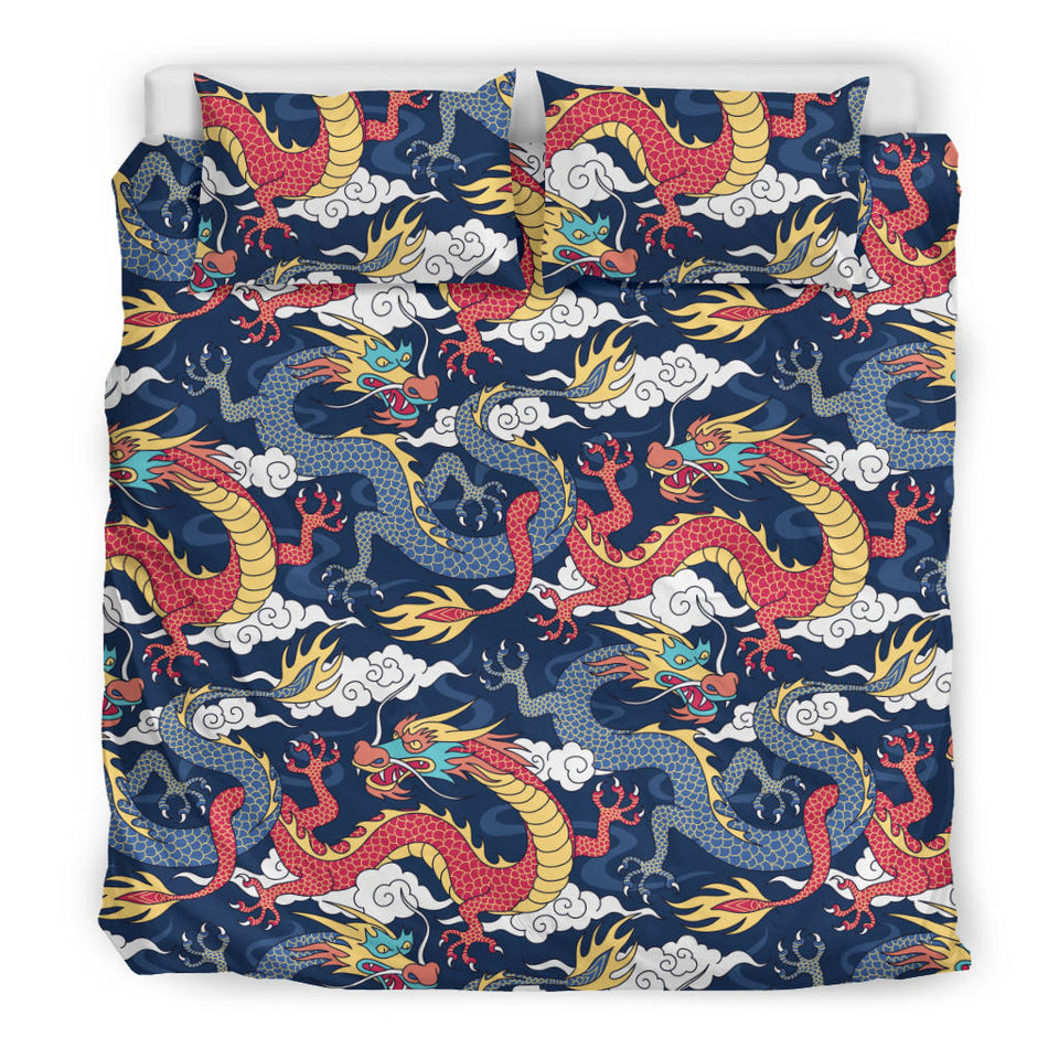 Blue Red Dragon Cloud Pattern Bedding Set