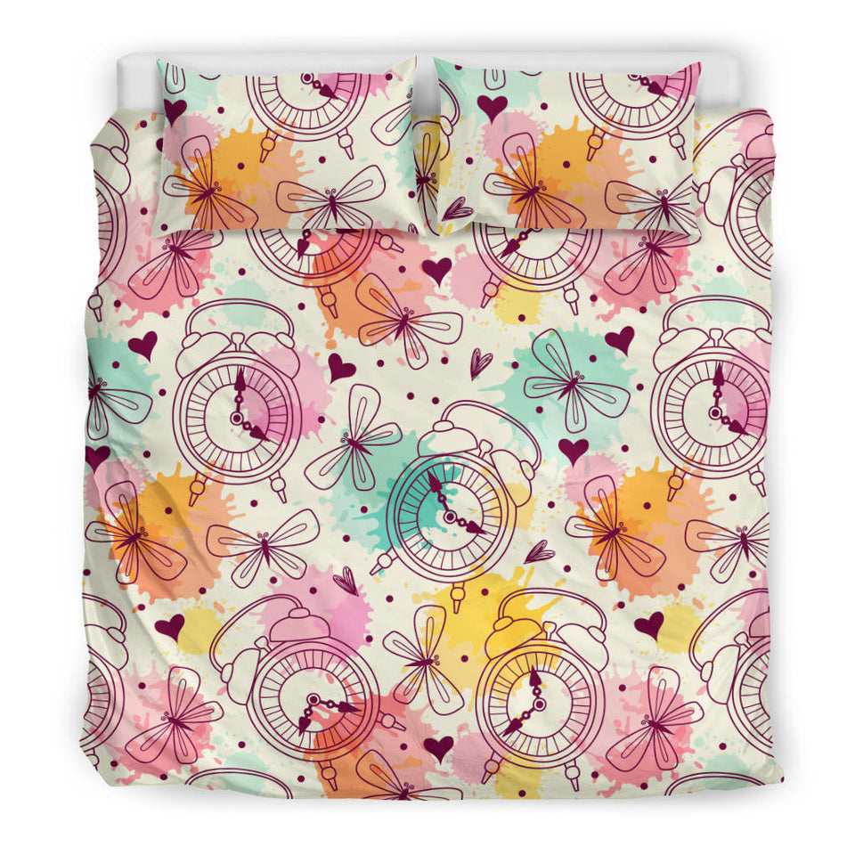 Clock Butterfly Pattern Bedding Set
