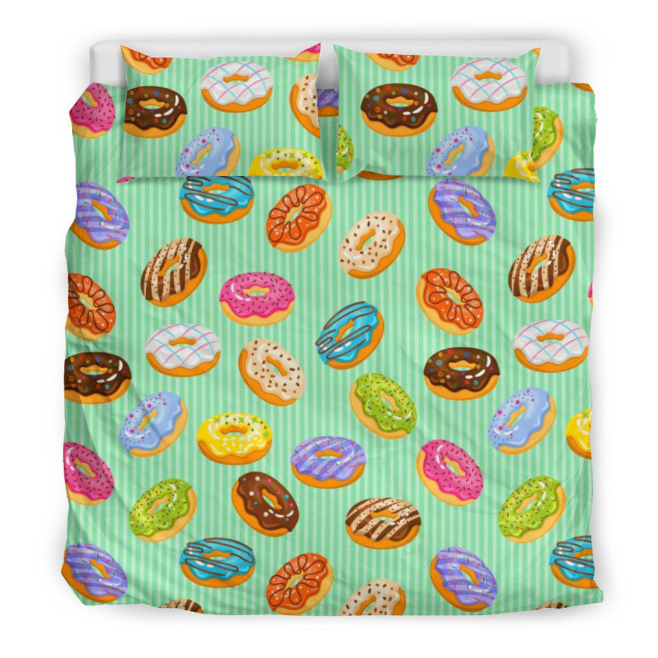 Colorful Donut Pattern Green Background Bedding Set