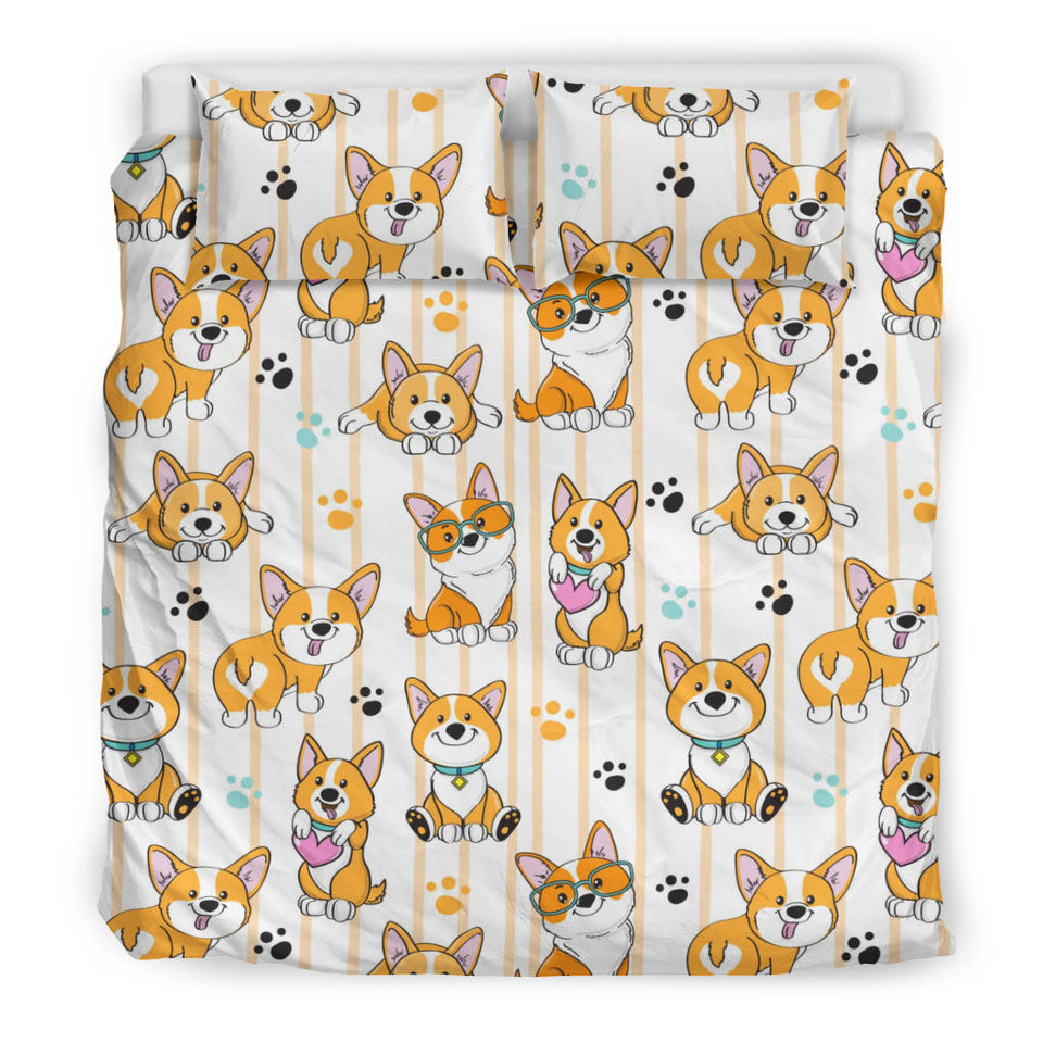 Cute Dog Corgi Striped Background Pattern Bedding Set
