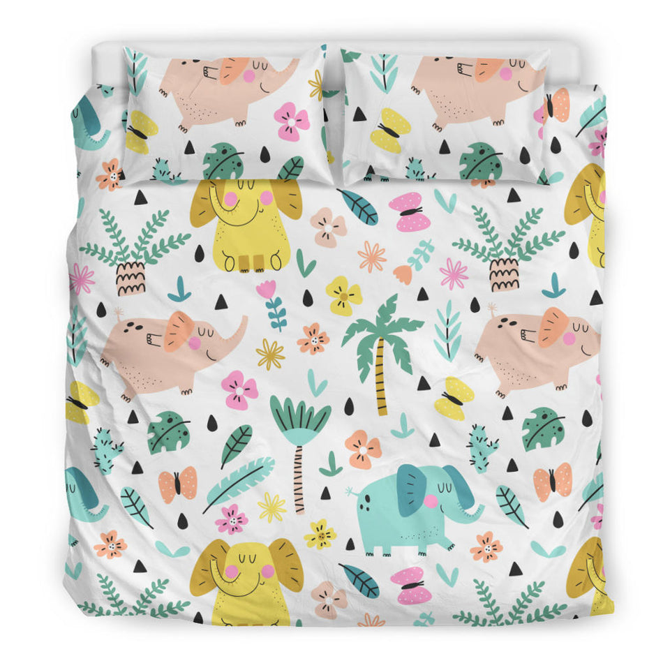 Cute Elephants Palm Tree Flower Butterfly Pattern Bedding Set