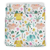 Cute Elephants Palm Tree Flower Butterfly Pattern Bedding Set
