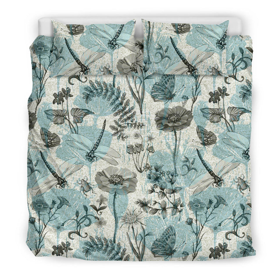 Dragonfly Butterfly Plants Insect Flower Vintage Style Pattern Bedding Set