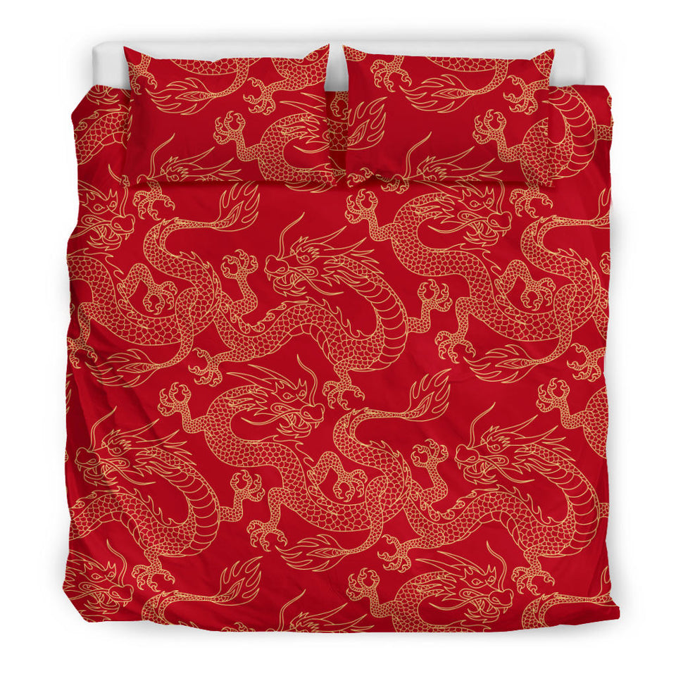 Gold Dragons Red Background Bedding Set