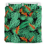 Heliconia Flower Palm Monstera Leaves Black Background Bedding Set
