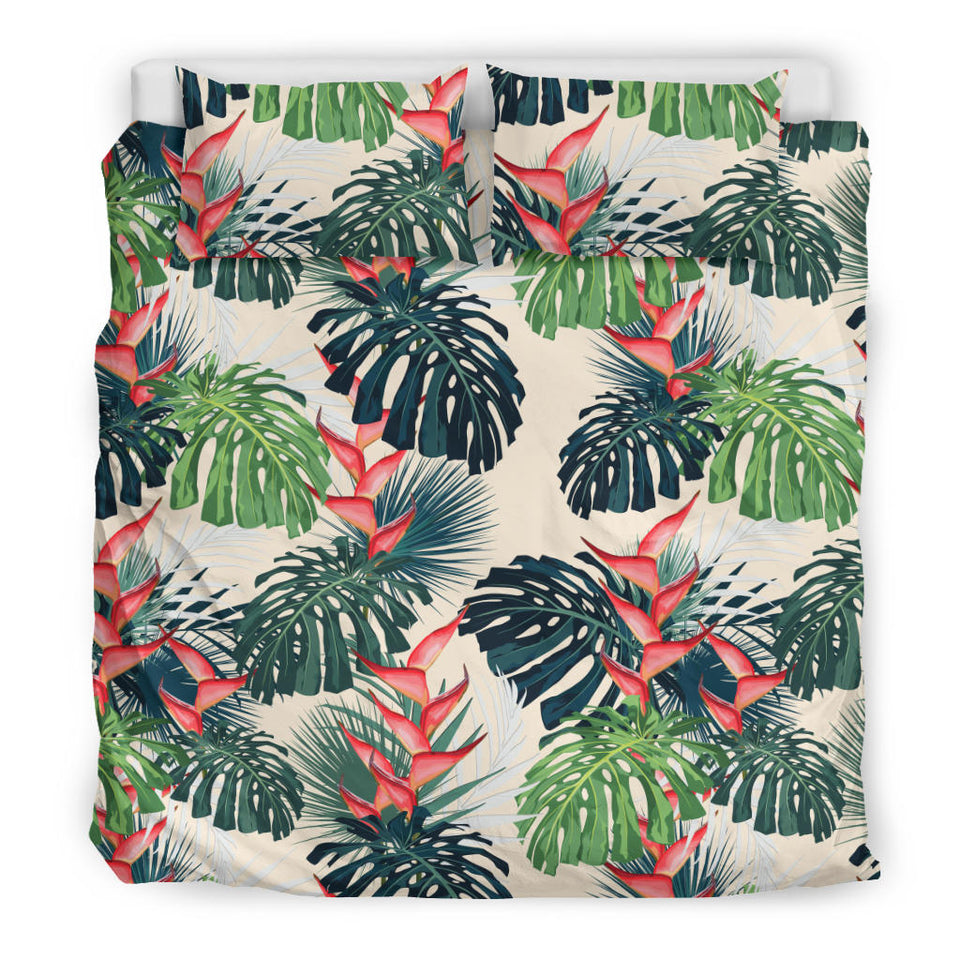 Heliconia Flowers, Palm And Monstera Leaves Bedding Set
