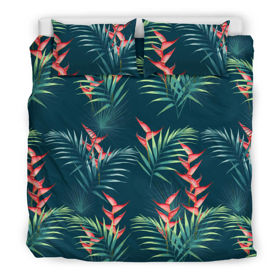 Heliconia Flowers, Palm And Monstera Leaves On Black Background Pattern Bedding Set