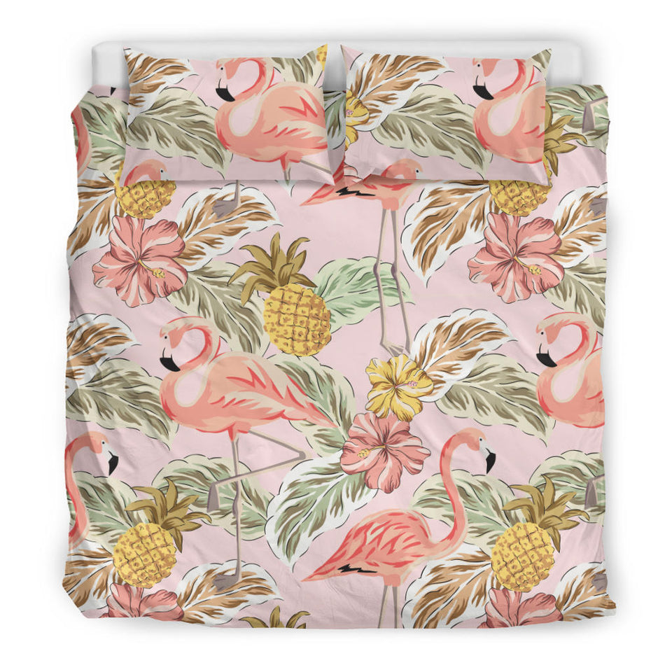 Pink Flamingo Birds Pineapples Hibiscus Flower Pattern Bedding Set