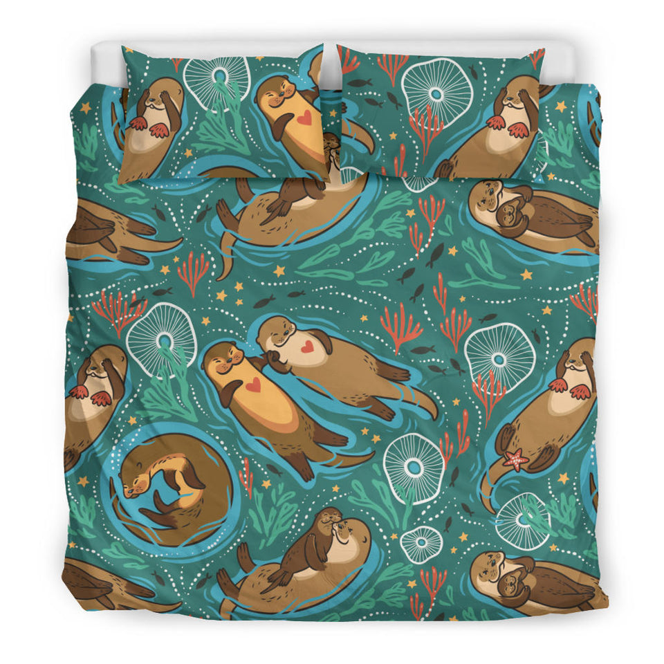 Cute Brown Sea Otters Ornamental Seaweed Corals Green Water Bedding Set