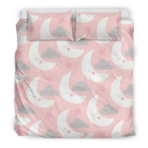 Cute Moon Cloud Star Pattern Pink Dot Background Bedding Set