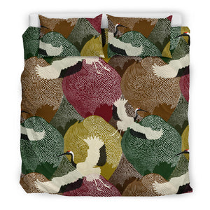 Japanese Cranes Flying Forest Dot Pattern Bedding Set