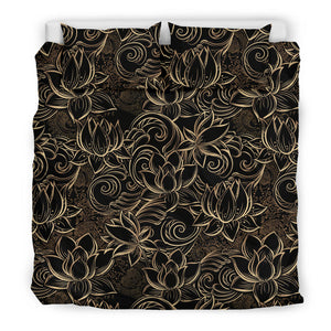 Luxurious Gold Lotus Waterlily Black Background Bedding Set