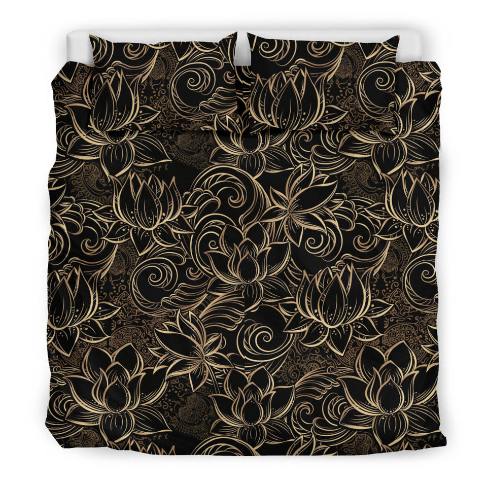 Luxurious Gold Lotus Waterlily Black Background Bedding Set