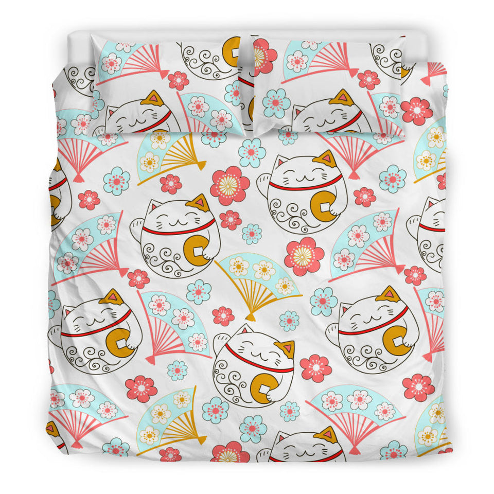 Maneki Neko Lucky Cat Fan Sakura Bedding Set