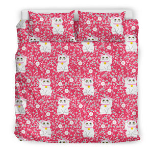 Maneki Neko Lucky Cat Sakura Pink Background Bedding Set