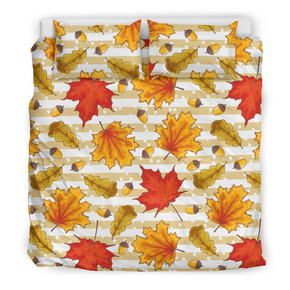 Maple Leaf Oak Leaf Acorns Beige Striped Background Bedding Set