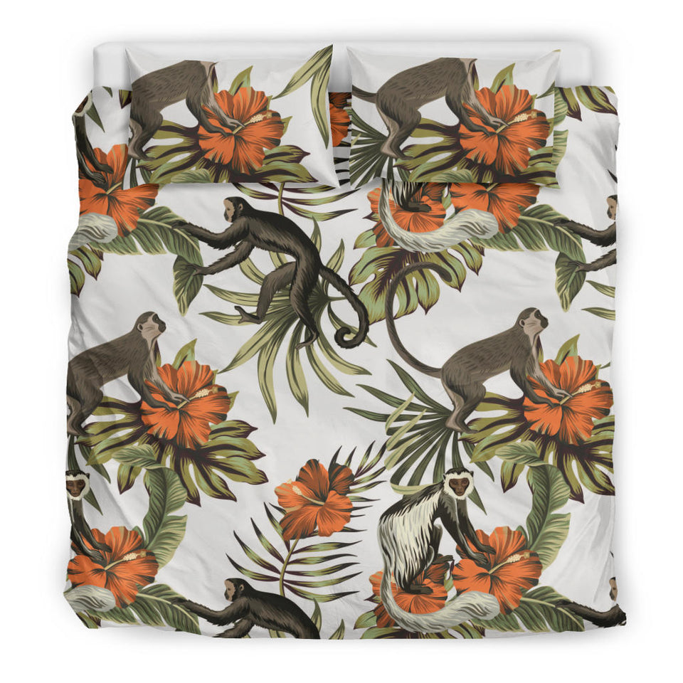 Monkey Red Hibiscus Flower Palm Leaves Floral Pattern Bedding Set