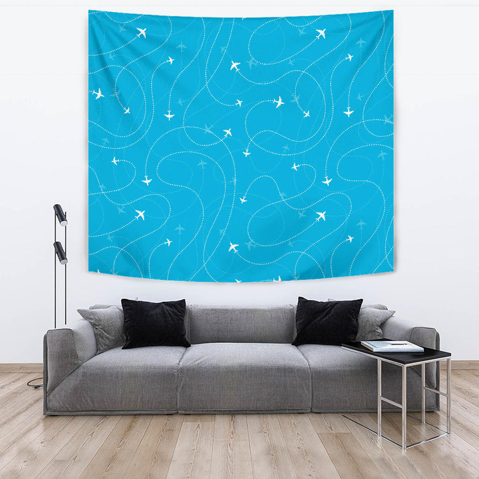 Airplane Destinations Blue Background Wall Tapestry
