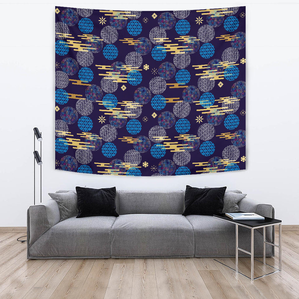 Blue Japanese Pattern Cloud Wave Flower Wall Tapestry