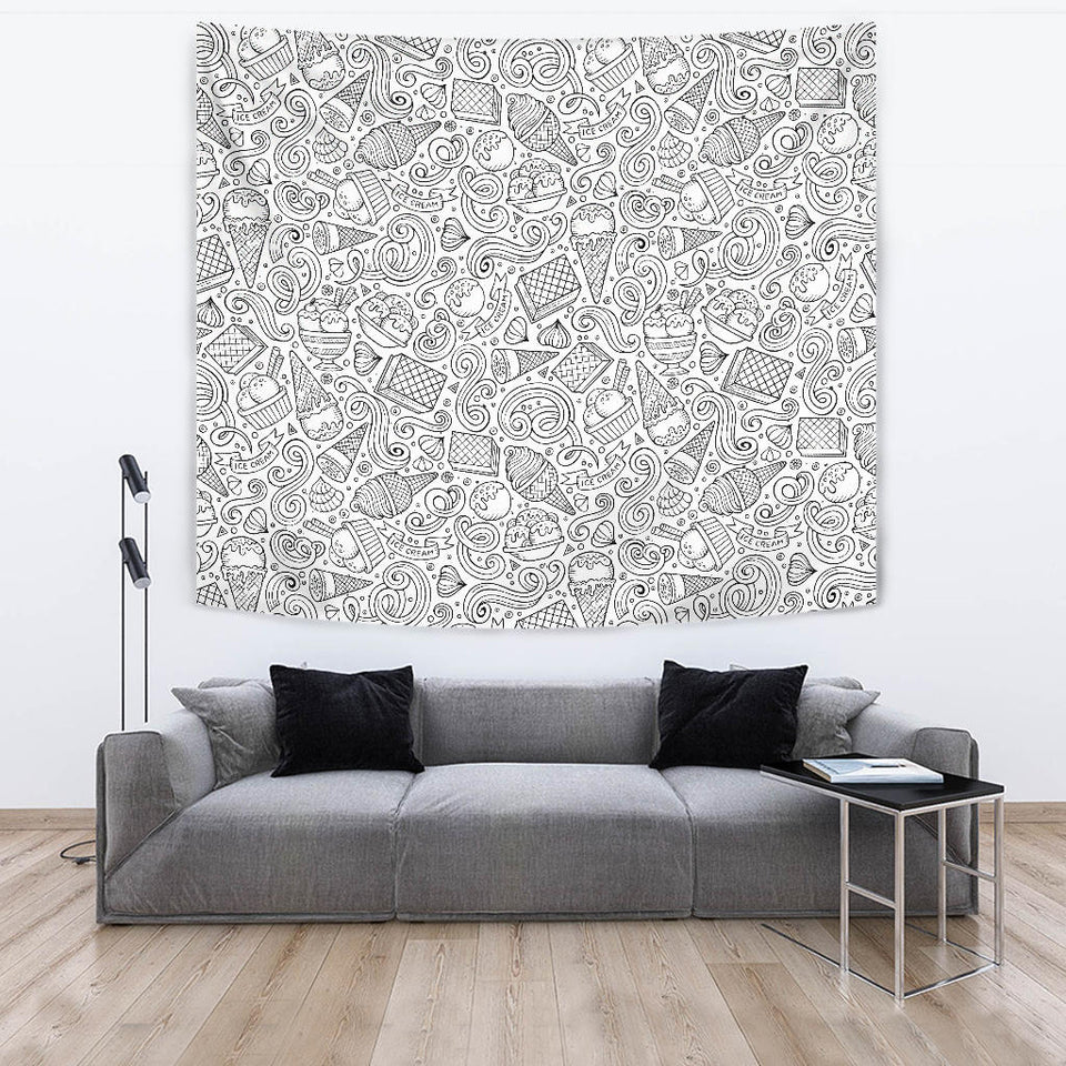Cartoon Hand Drawn Ice Cream Black White Wall Tapestry
