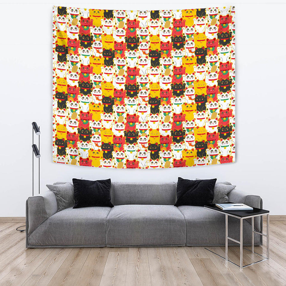 Colorful Maneki Neko Lucky Cat Pattern Wall Tapestry