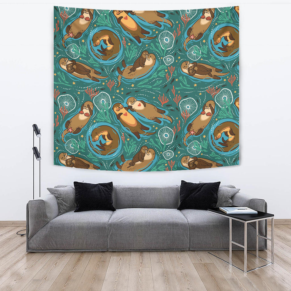 Cute Brown Sea Otters Ornamental Seaweed Corals Green Water Wall Tapestry