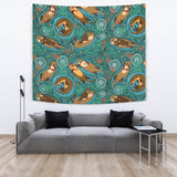 Cute Brown Sea Otters Ornamental Seaweed Corals Green Water Wall Tapestry