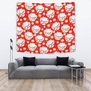 Cute Maneki Neko Lucky Cat Red Background Wall Tapestry