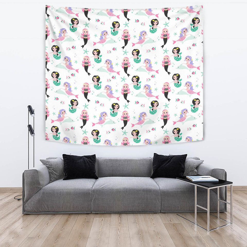 Cute Mermaid Dolphin Fish Starfish Pattern Wall Tapestry