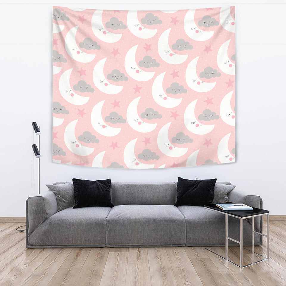 Cute Moon Cloud Star Pattern Pink Dot Background Wall Tapestry