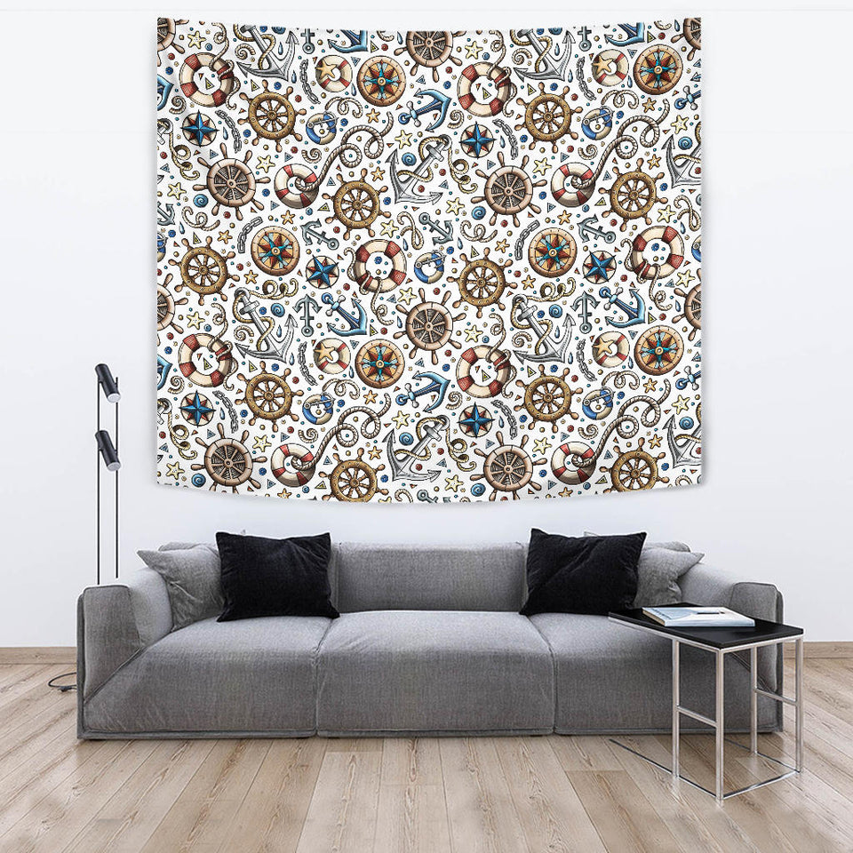 Cute Nautical Steering Wheel Anchor Pattern Wall Tapestry
