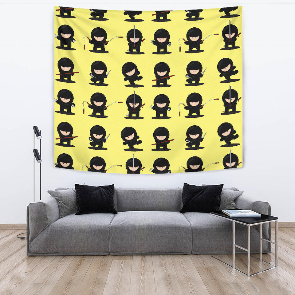 Cute Ninja Yellow Background Wall Tapestry