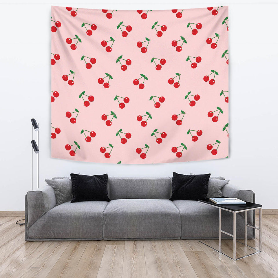 Cherry Pattern Pink Background Wall Tapestry
