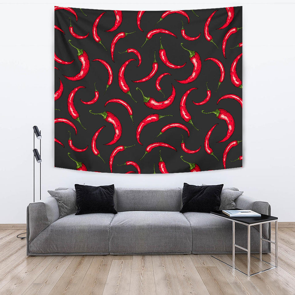 Chili Peppers Pattern Black Background Wall Tapestry