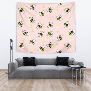 Cute Bee Flower Pattern Pink Background Wall Tapestry