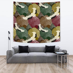 Japanese Cranes Flying Forest Dot Pattern Wall Tapestry