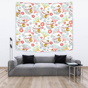 Maneki Neko Lucky Cat Fan Sakura Wall Tapestry