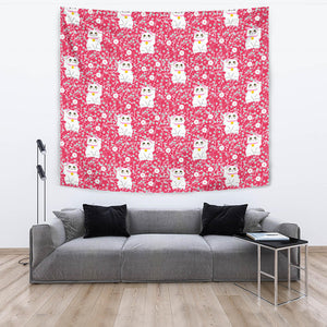Maneki Neko Lucky Cat Sakura Pink Background Wall Tapestry