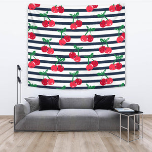 Hand Drawn Cherry Pattern Striped Background Wall Tapestry