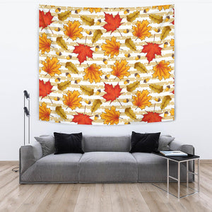 Maple Leaf Oak Leaf Acorns Beige Striped Background Wall Tapestry