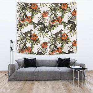 Monkey Red Hibiscus Flower Palm Leaves Floral Pattern Wall Tapestry