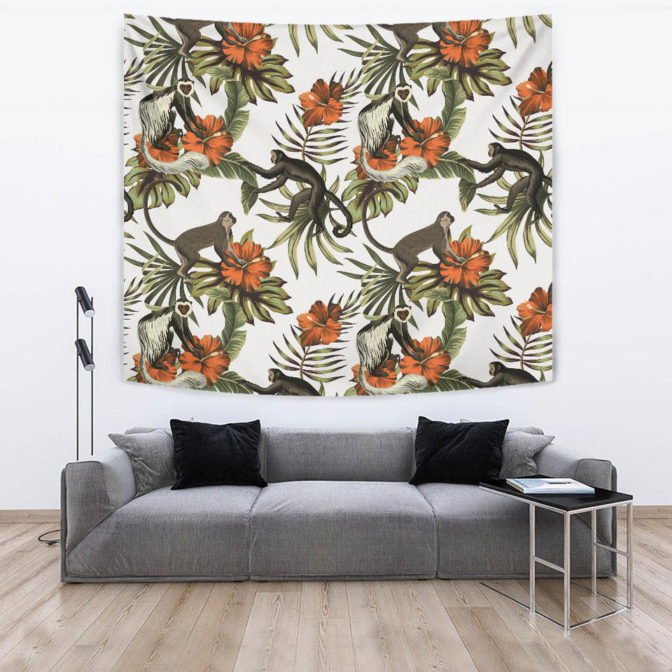 Monkey Red Hibiscus Flower Palm Leaves Floral Pattern Wall Tapestry